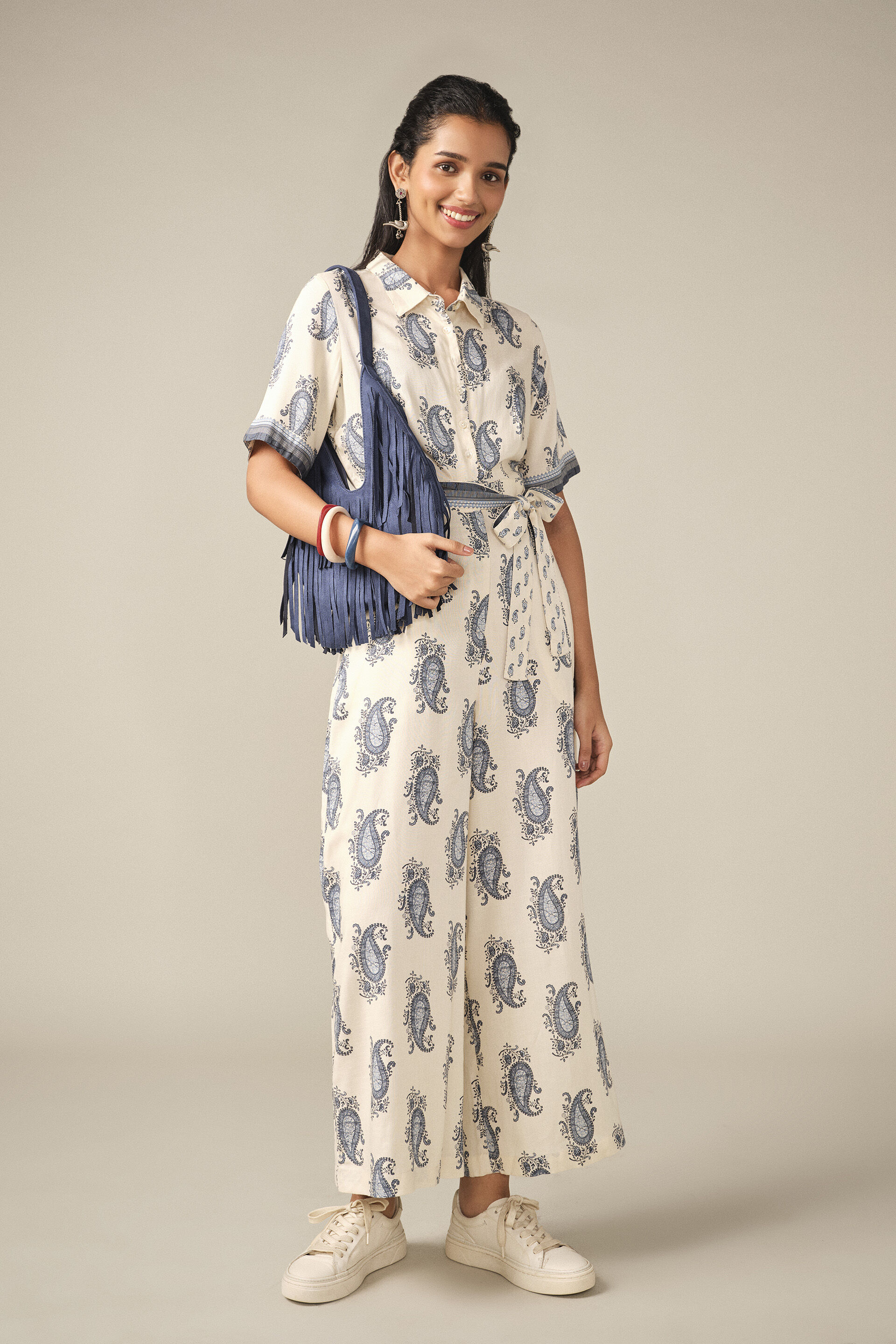 Printed Collared Jumpsuit in White, White, image 3